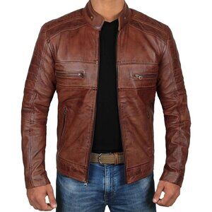 Men’s Brown Decrum Real Lambskin Leather Jacket Cafe Racer Motorcycle